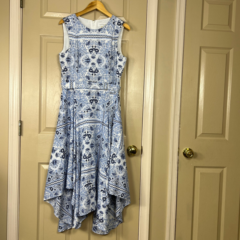 Calvin Klein Womens Dress 12 White Blue Floral Asymmetrical Handkerchief Hem